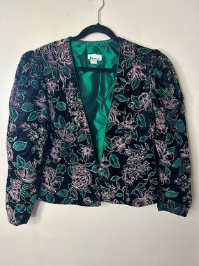 Patra Black Velvet Blazer with Pink Floral Embroidery and Green Lining